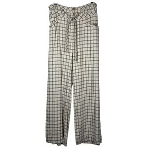 By Anthropologie Sz 10 Pants Wide Leg Windowpane Trousers Check Cream Black Tie